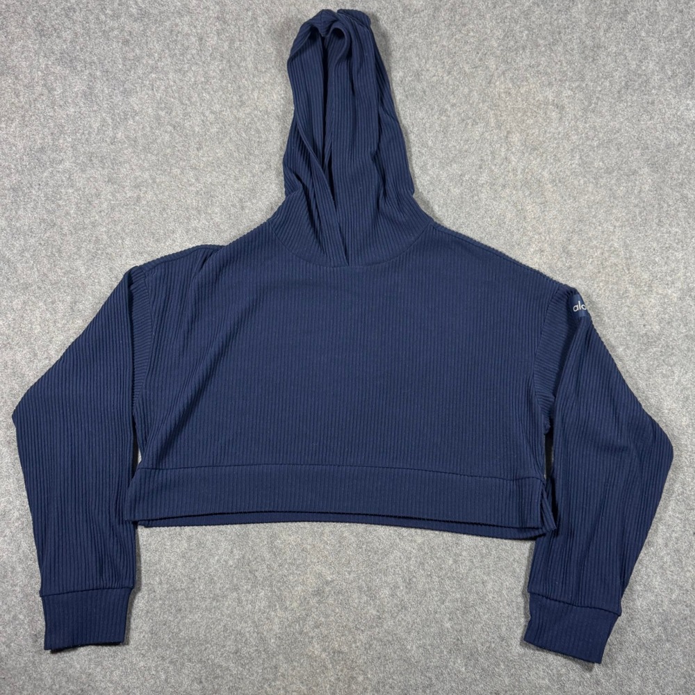 Alo Yoga Hoodie Womens Medium Navy Blue Muse Ribbed Cropped Relaxed Fit Pullover